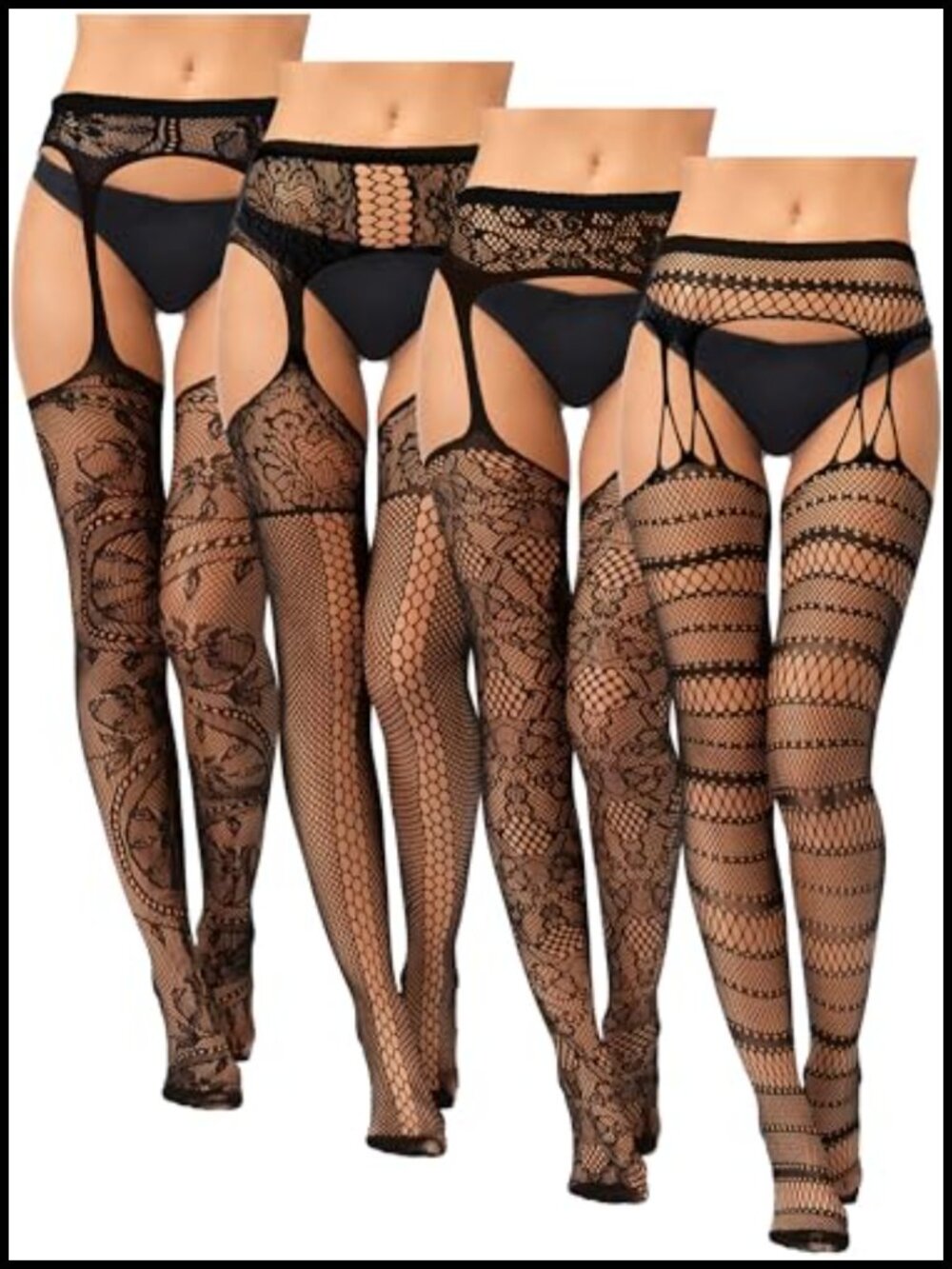 4 Pairs Fishnet Thigh High Stockings Suspender Patterned Tights